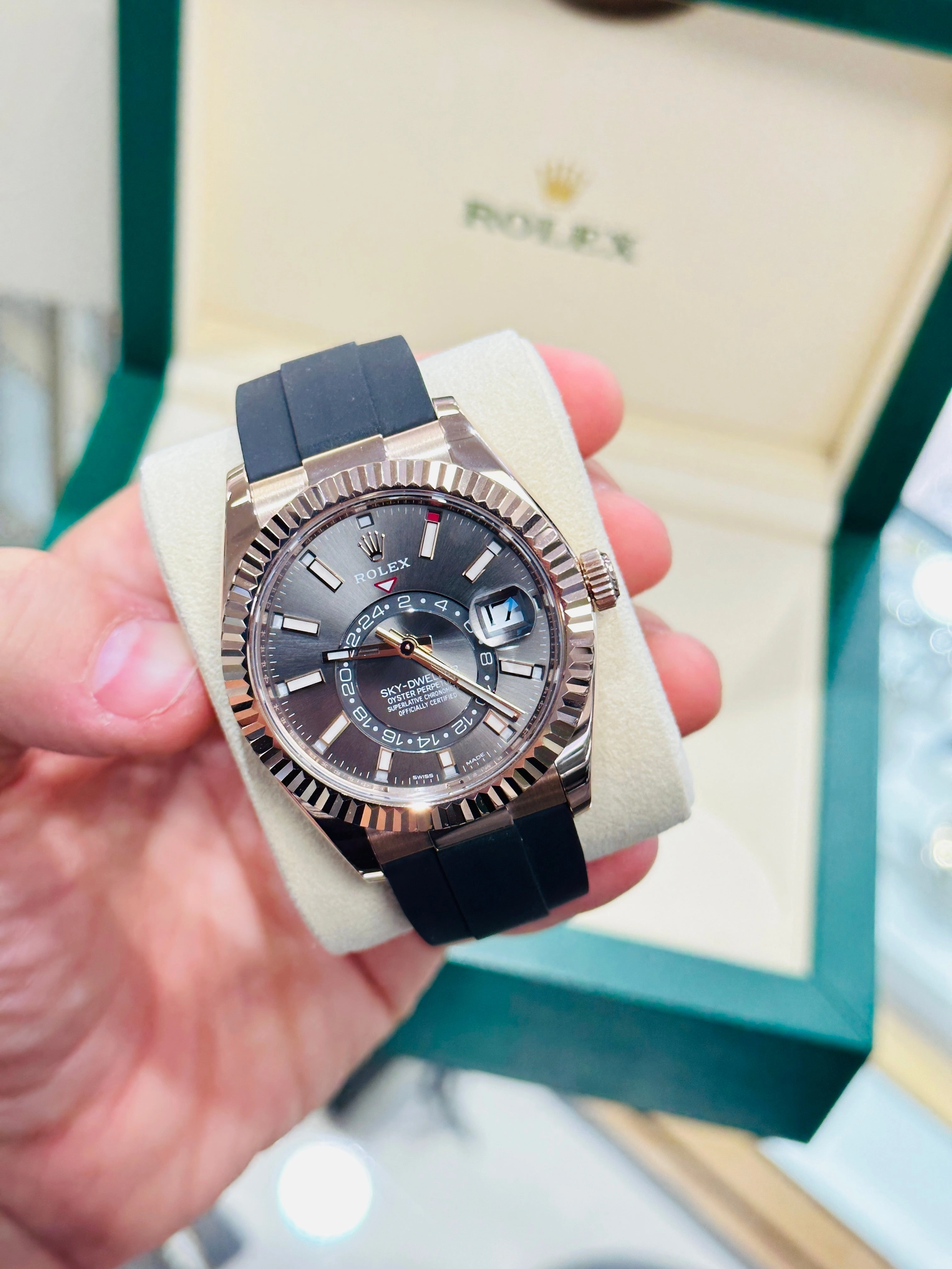 Rolex Sky-Dweller 326235 18k EverRose Gold Rhodium Dial 42 OysterFlex Box and Papers