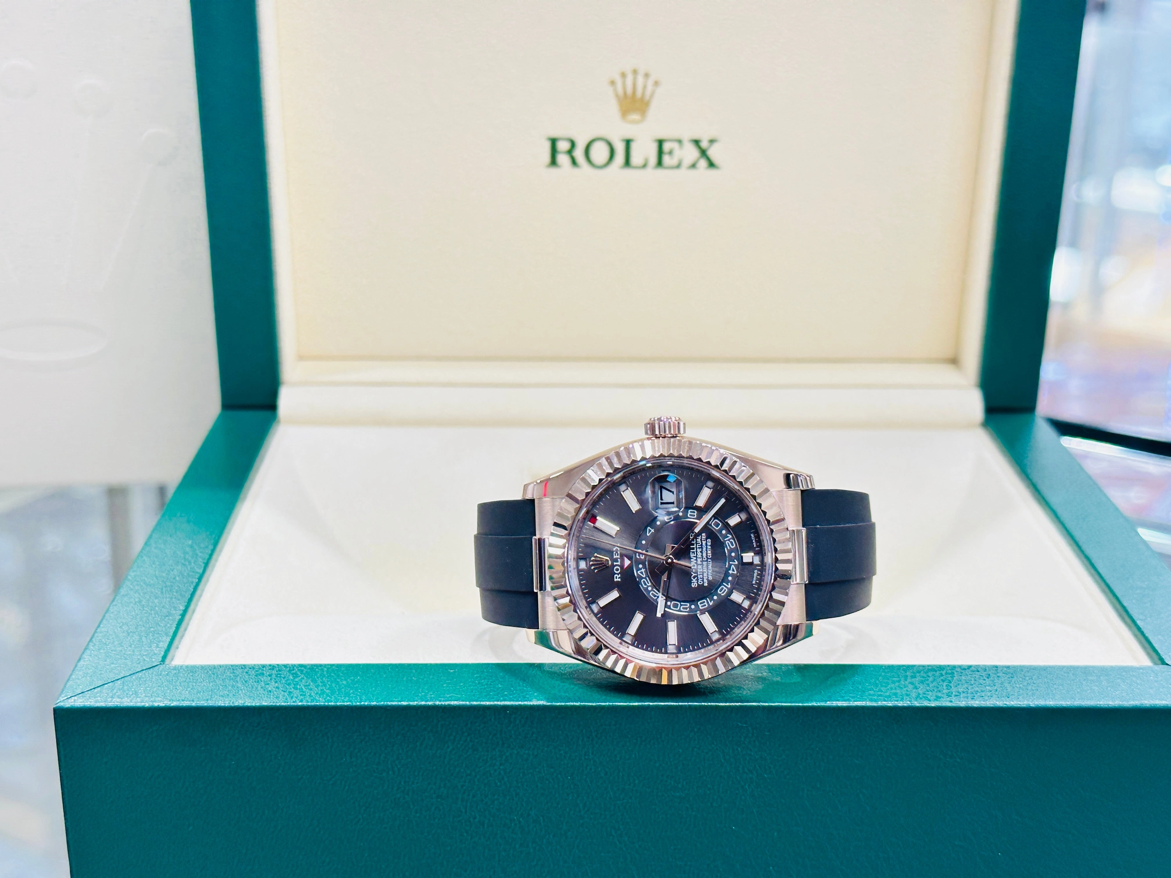 Rolex Sky-Dweller 326235 18k EverRose Gold Rhodium Dial 42 OysterFlex Box and Papers