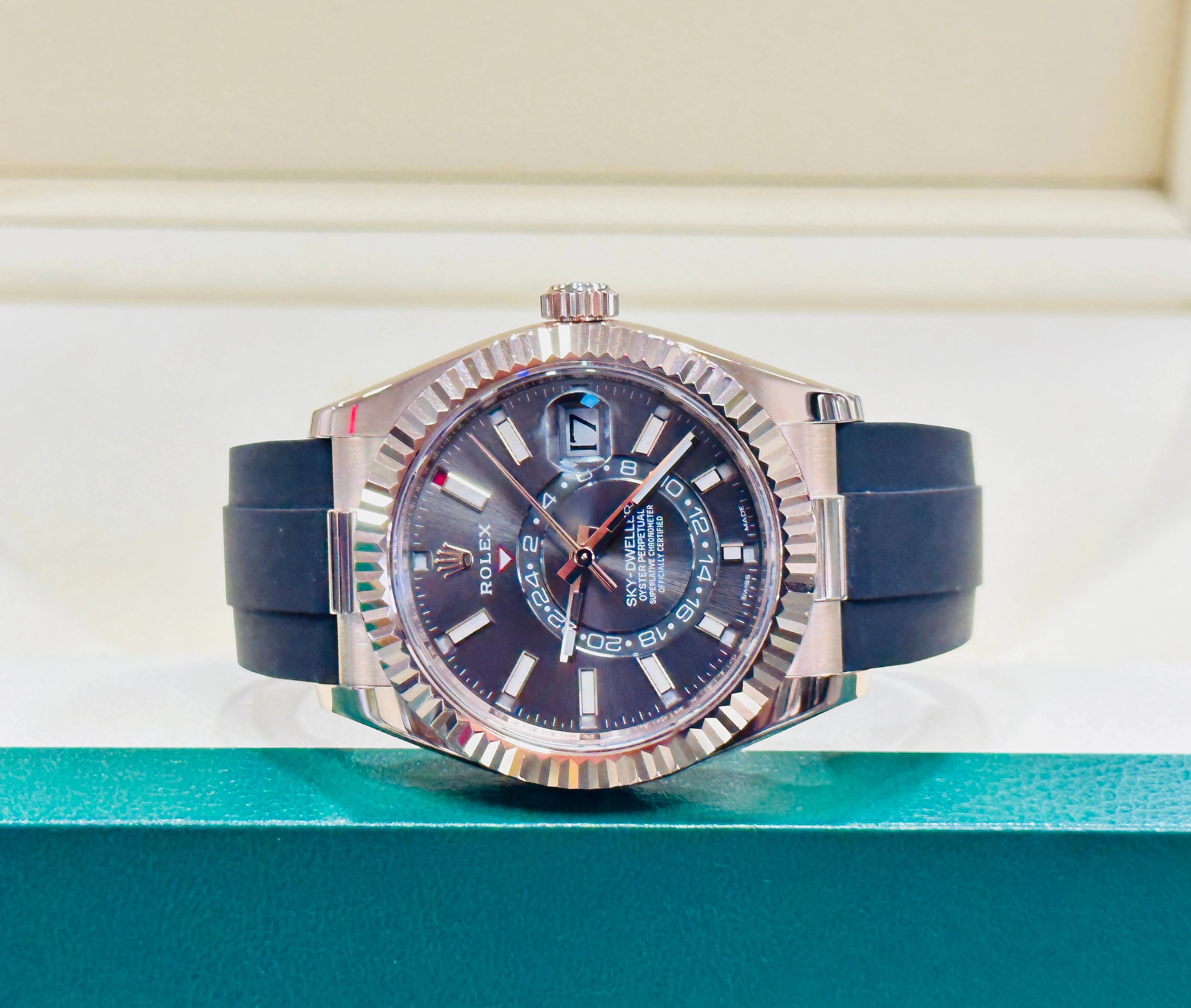Rolex Sky-Dweller 326235 18k EverRose Gold Rhodium Dial 42 OysterFlex Box and Papers
