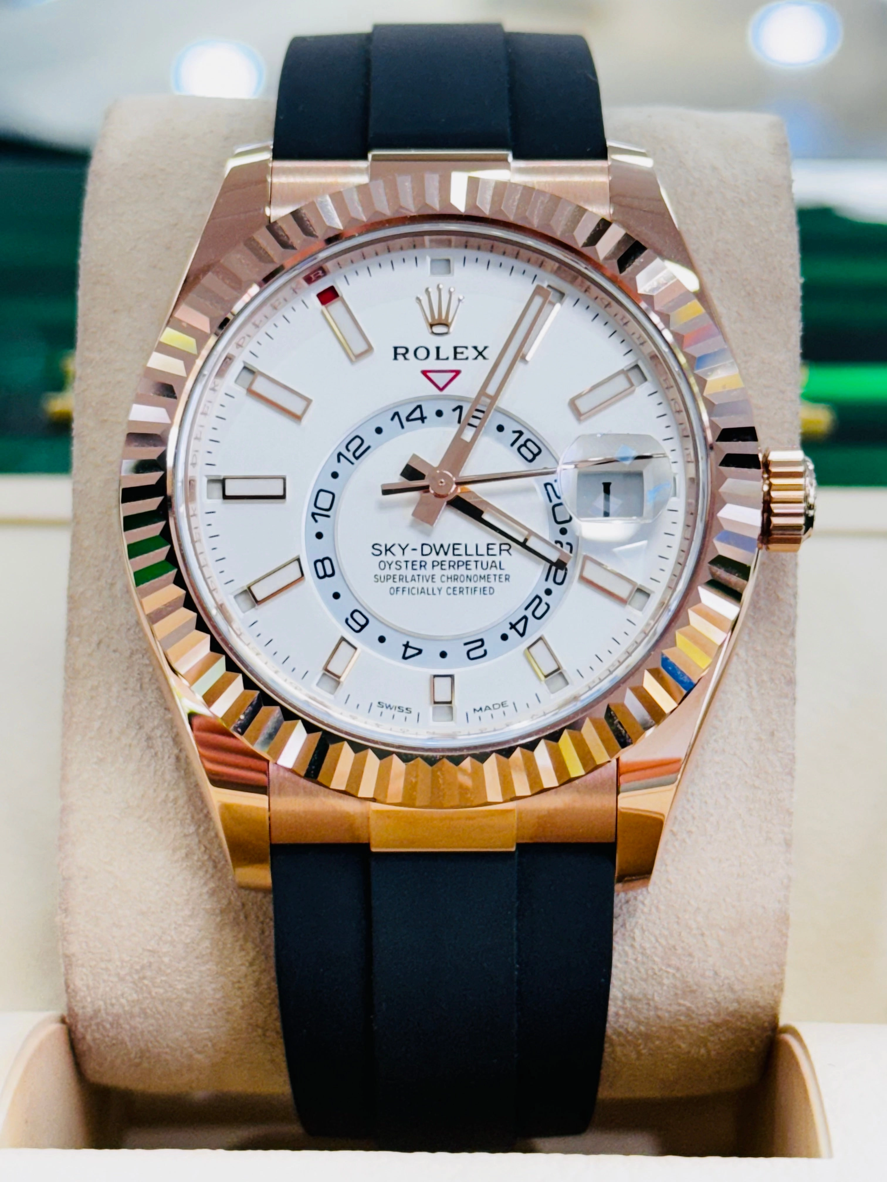 Rolex Sky-Dweller 326235 18K EverRose Gold White Dial 42mm OysterFlex Box and Papers UNWORN