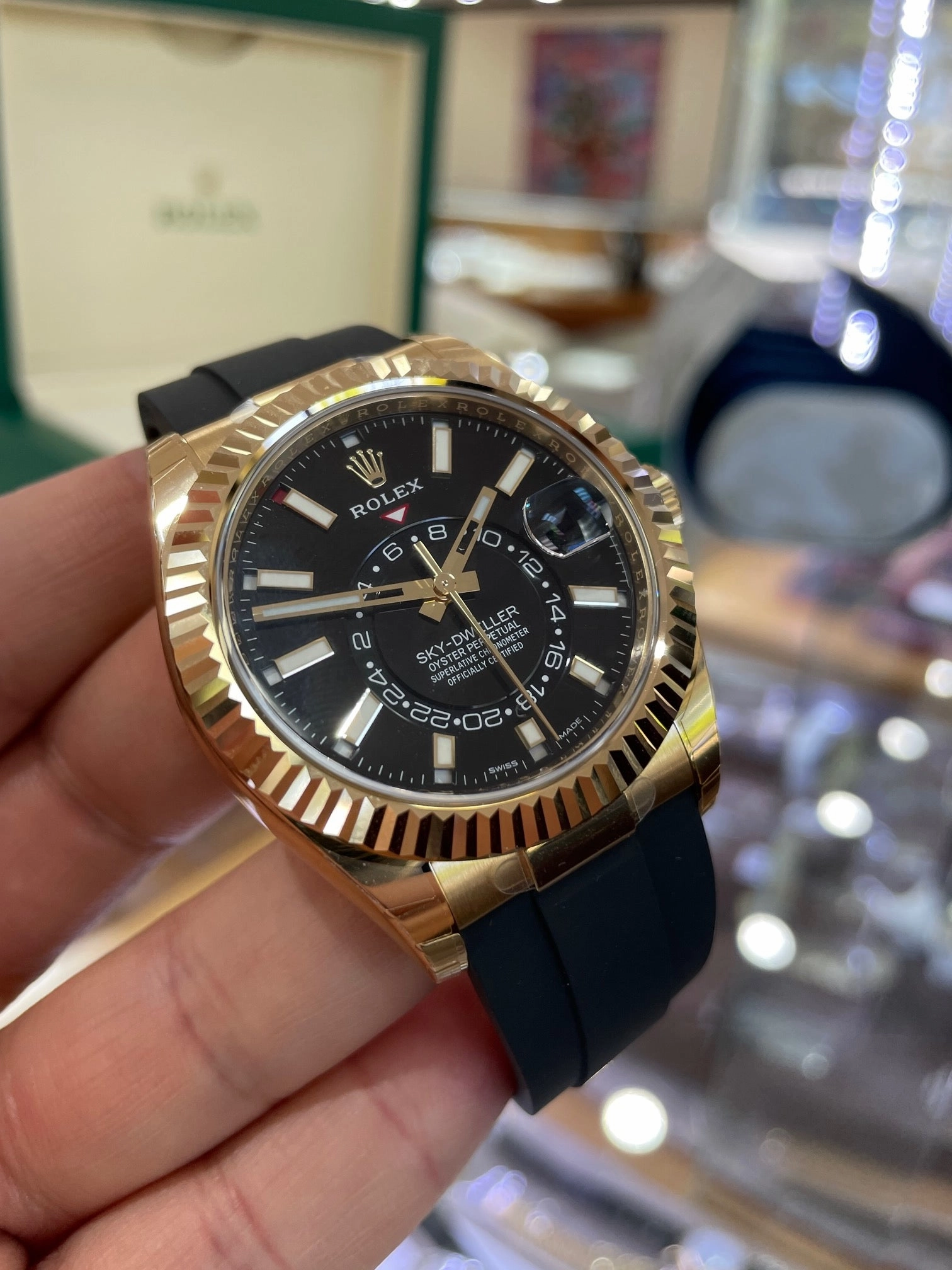 Rolex Sky-Dweller 326238 Yellow Gold Black Dial Oyster Flex Box and Papers Unworn