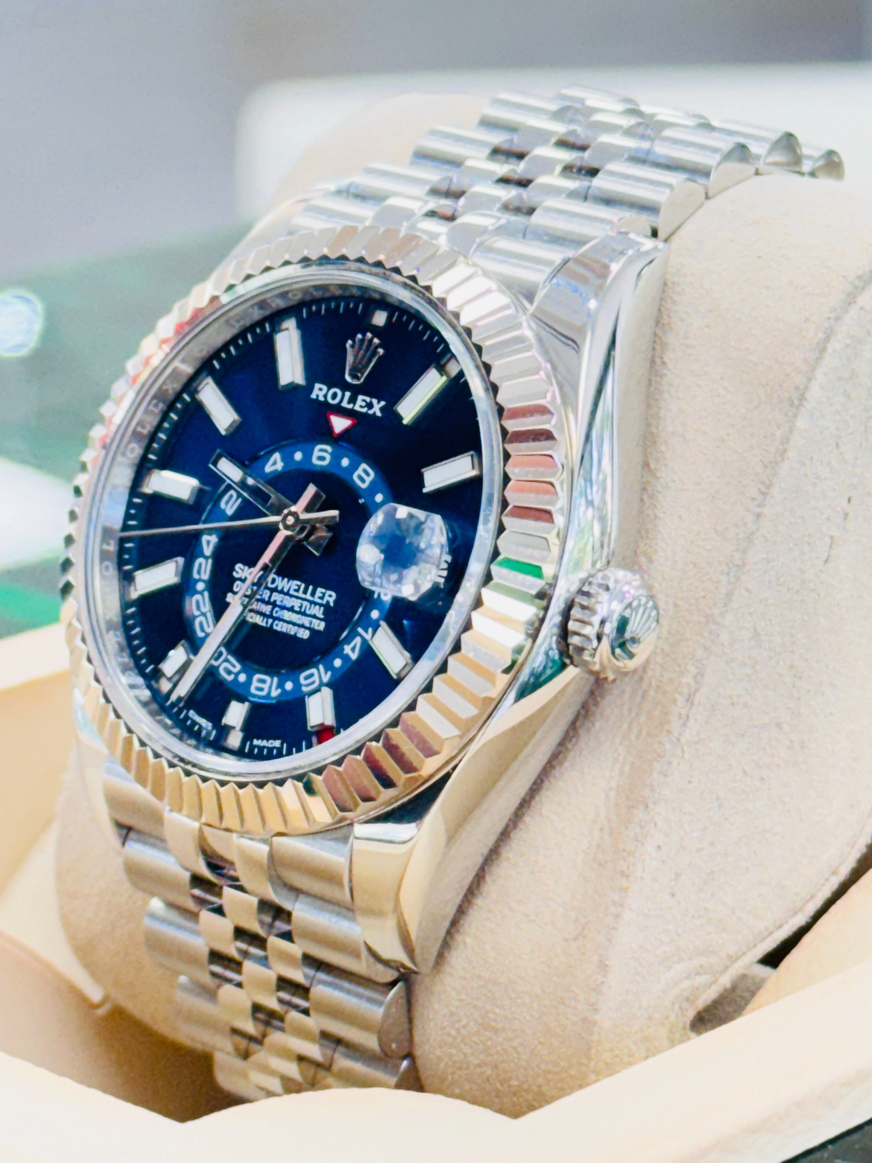Rolex Sky-Dweller 326934 Blue Dial Jubilee Bracelet Box and Papers MINT