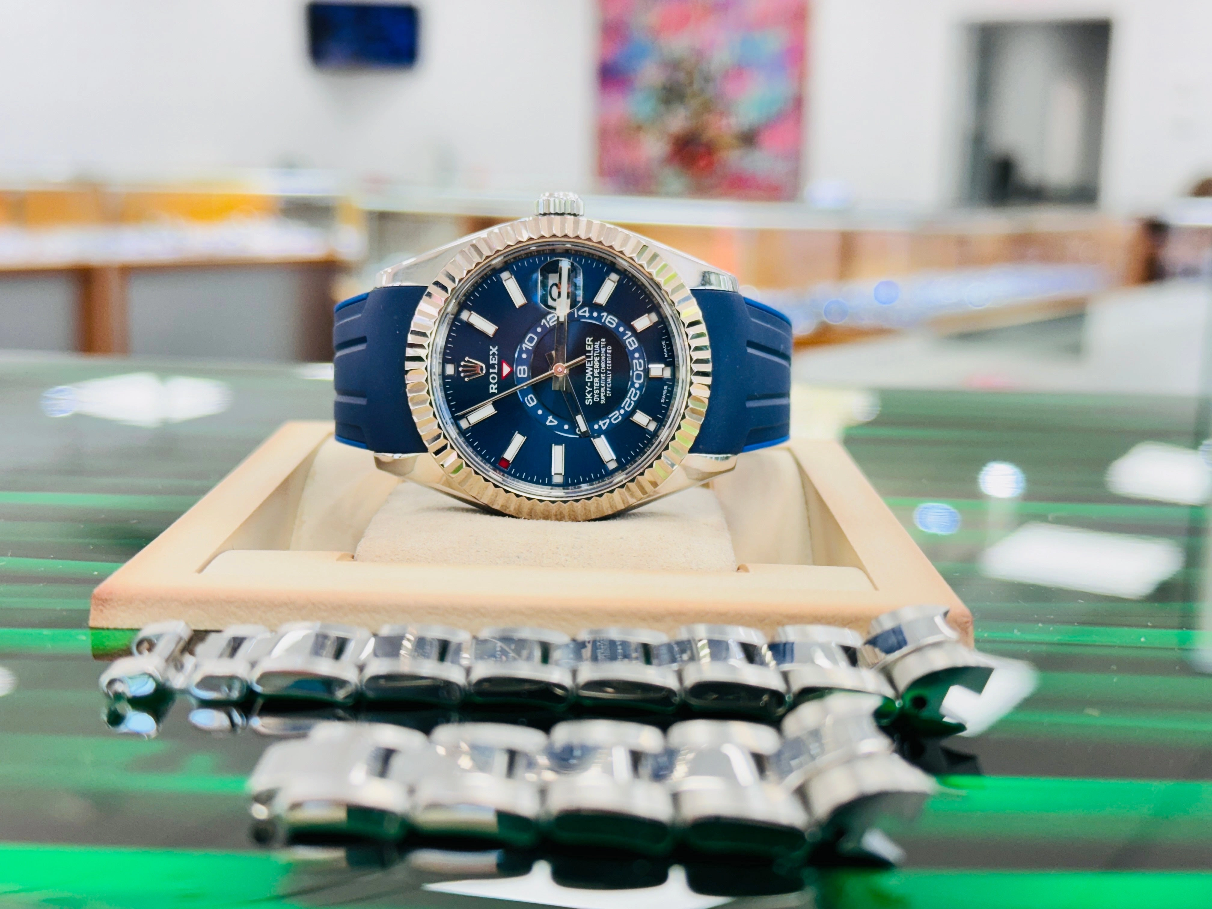 Rolex Sky-Dweller 326934 Blue Dial Oyster Steel Bracelet   Rubber B Watch MINT