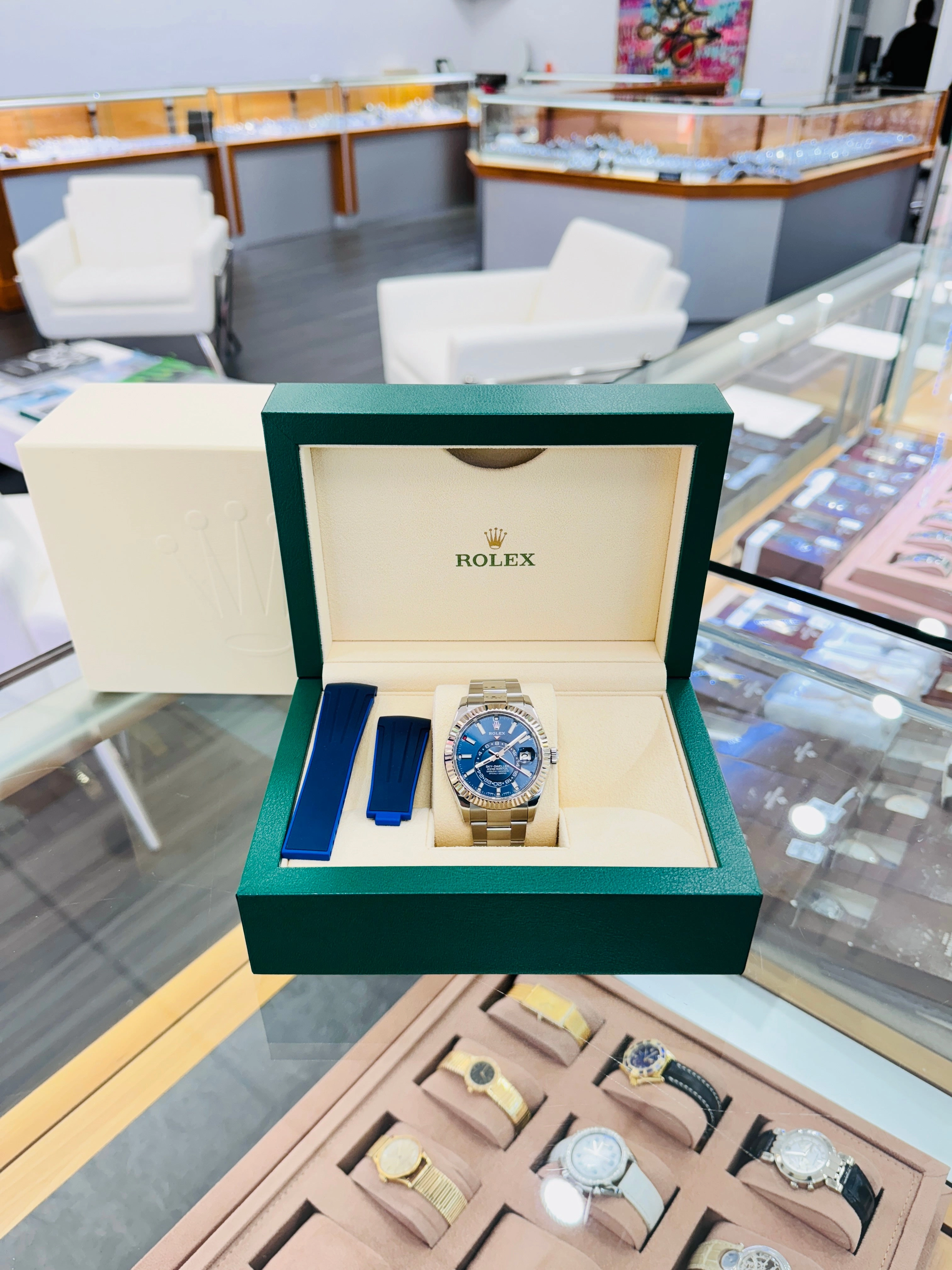 Rolex Sky-Dweller 326934 Blue Dial Oyster Steel Bracelet   Rubber B Watch MINT