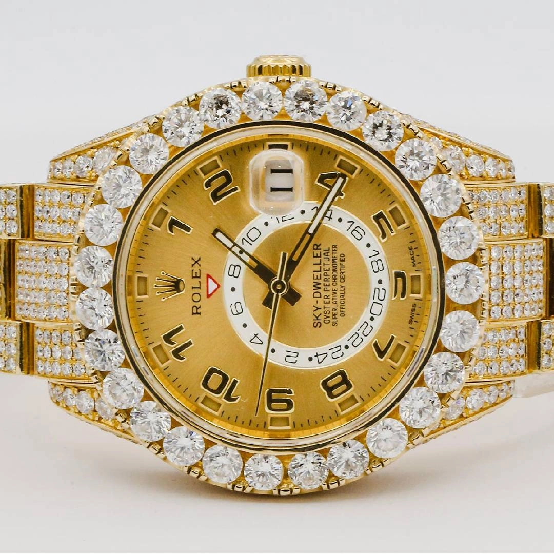 Rolex Sky-Dweller 42mm - Ref: 326938 - Champagne Dial & Custom Diamond Bezel, 18K Yellow Gold Oyster Custom Diamond Bracelet Watch
