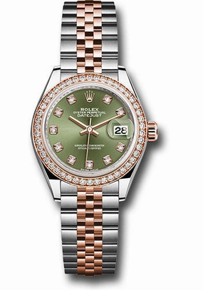 Rolex Steel and Everose Gold Rolesor Lady-Datejust 28 Watch - Diamond Bezel - Olive Green Diamond Dial - Jubilee Bracelet - 279381RBR ogdj