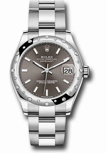 Rolex Steel and White Gold Datejust 31 Watch - Domed 24 Diamond Bezel - Dark Grey Index Dial - Oyster Bracelet 278344RBR dkgio