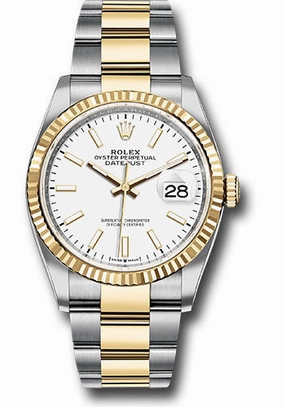 Rolex Steel and Yellow Gold Rolesor Datejust 36 Watch - Fluted Bezel - White Index Dial - Oyster Bracelet - 126233 wio