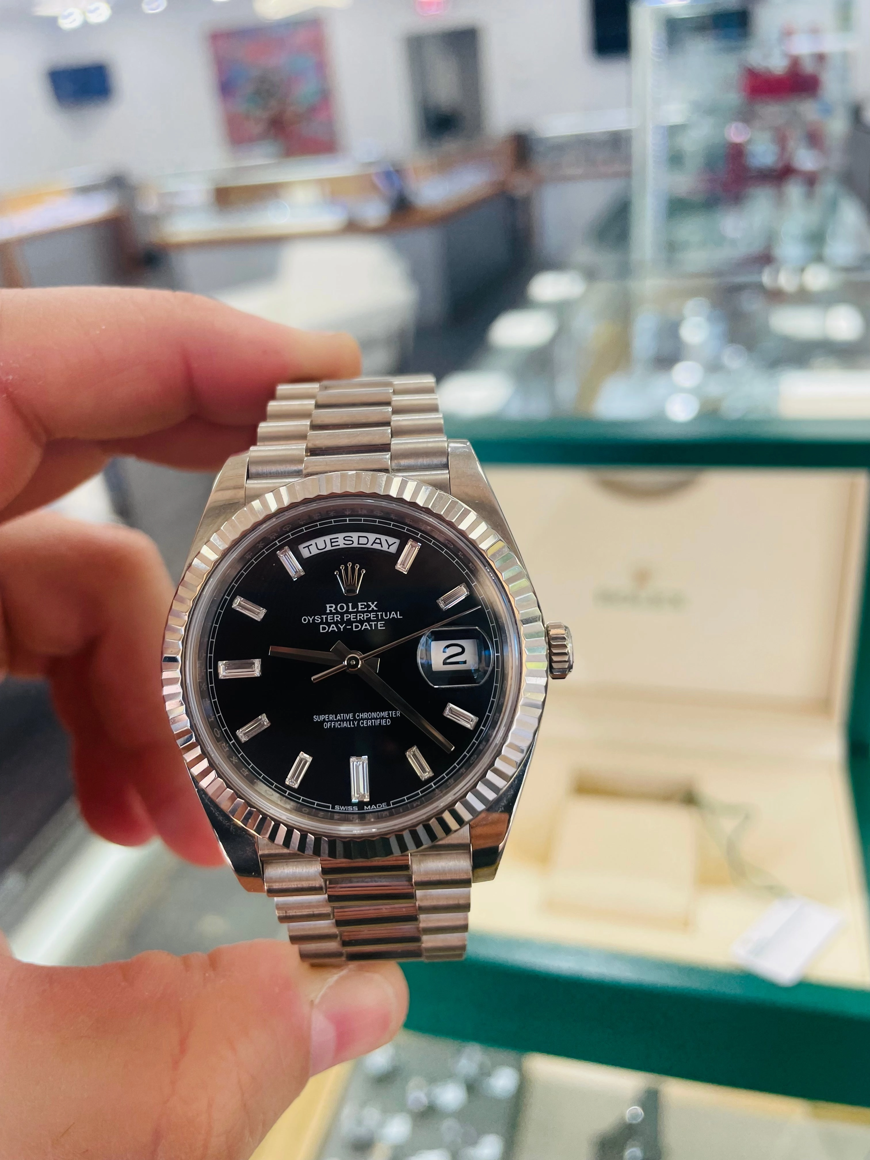 Rolex White Gold Day-Date 228239 40 Factory Black Diamond baguettes Dial B/P PreOwned