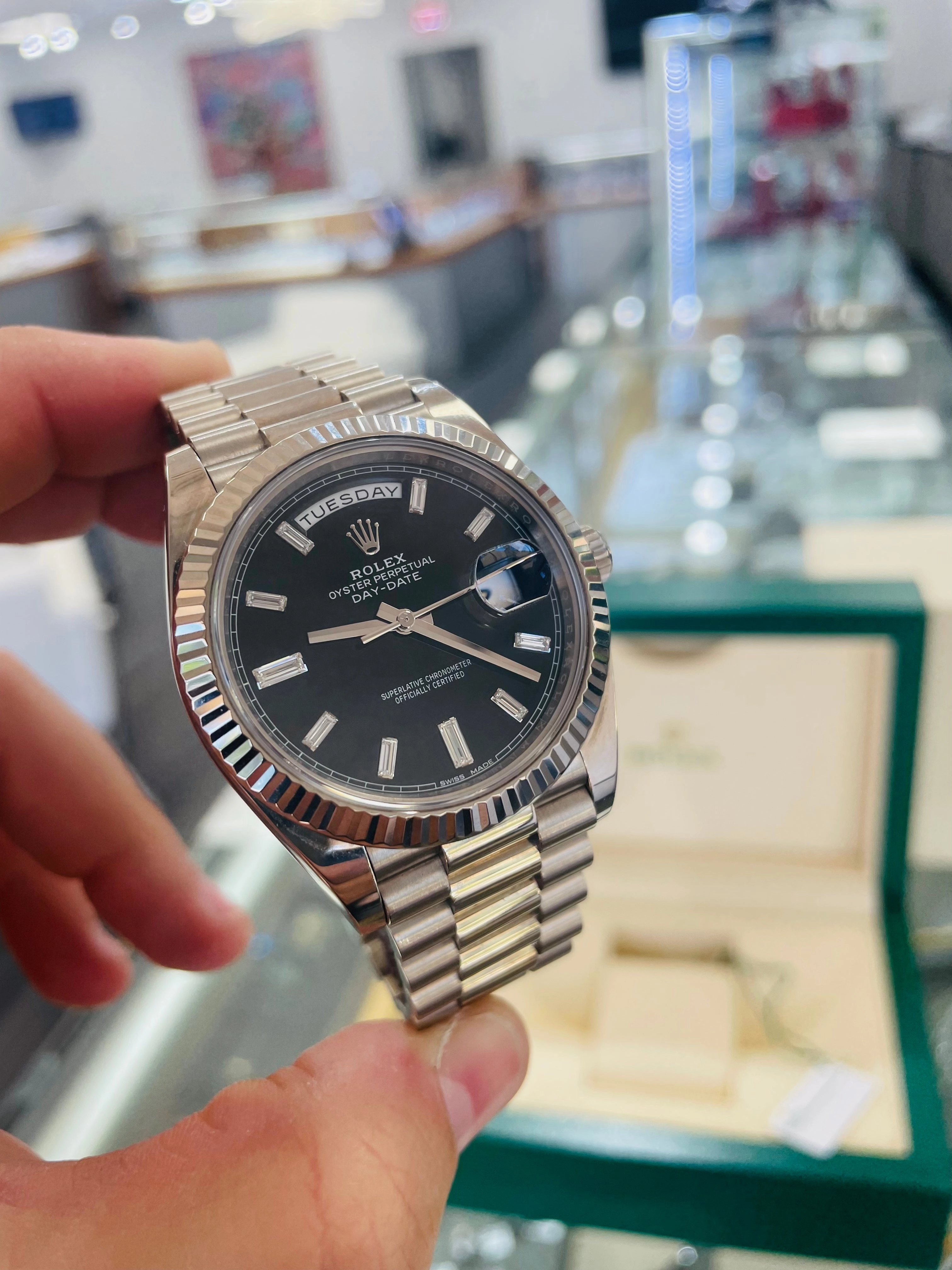 Rolex White Gold Day-Date 228239 40 Factory Black Diamond baguettes Dial B/P PreOwned