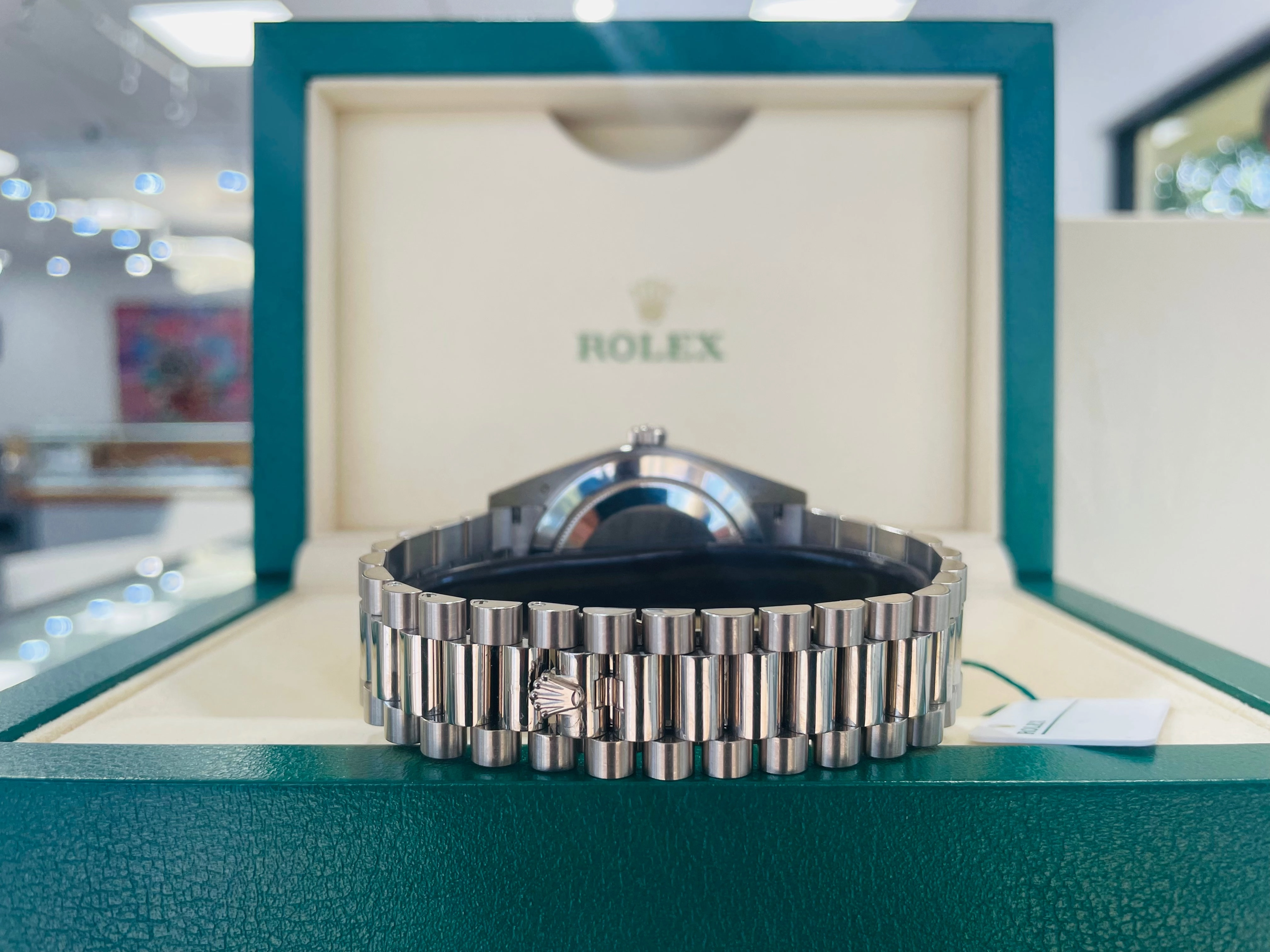 Rolex White Gold Day-Date 228239 40 Factory Black Diamond baguettes Dial B/P PreOwned