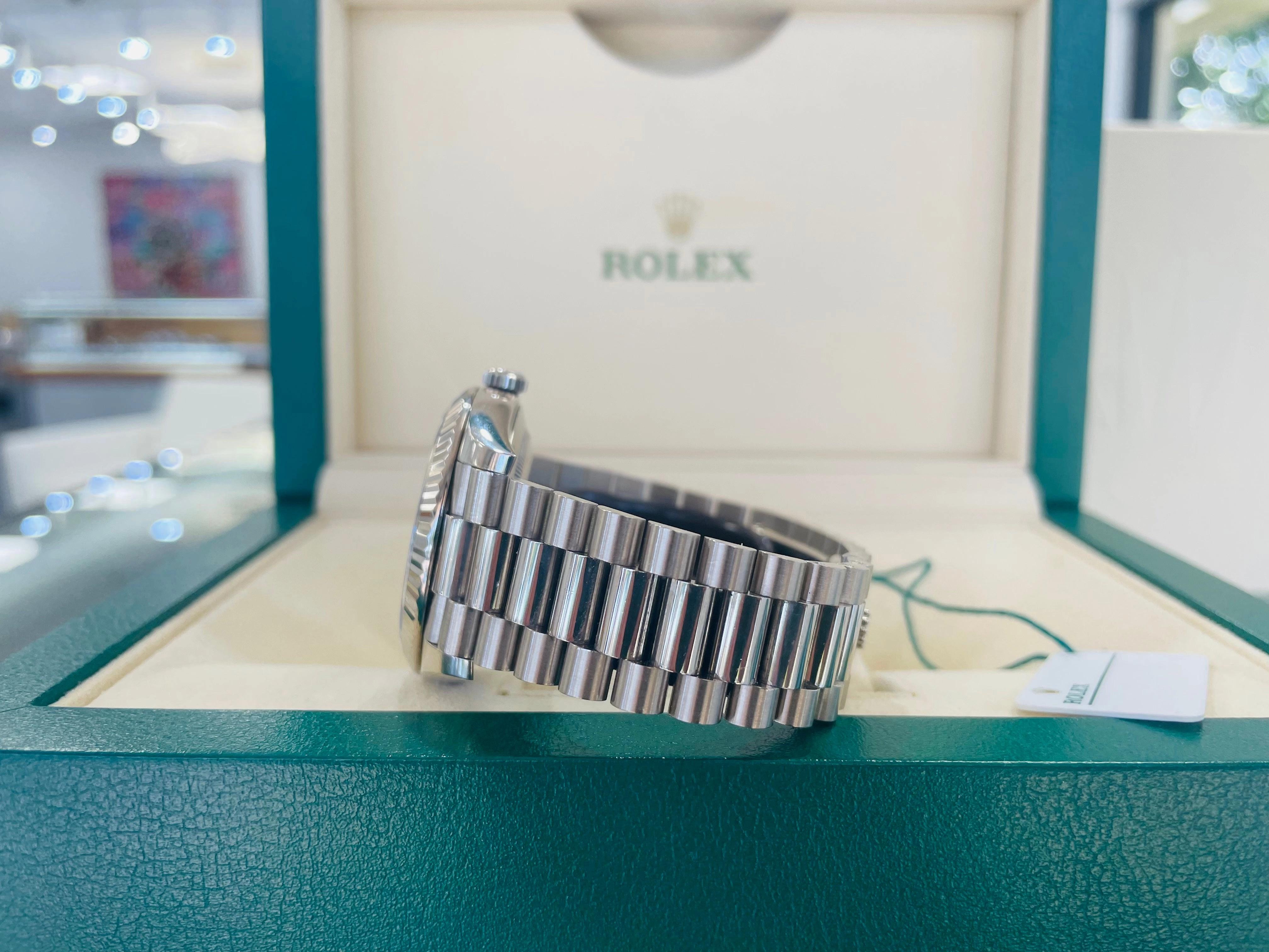 Rolex White Gold Day-Date 228239 40 Factory Black Diamond baguettes Dial B/P PreOwned
