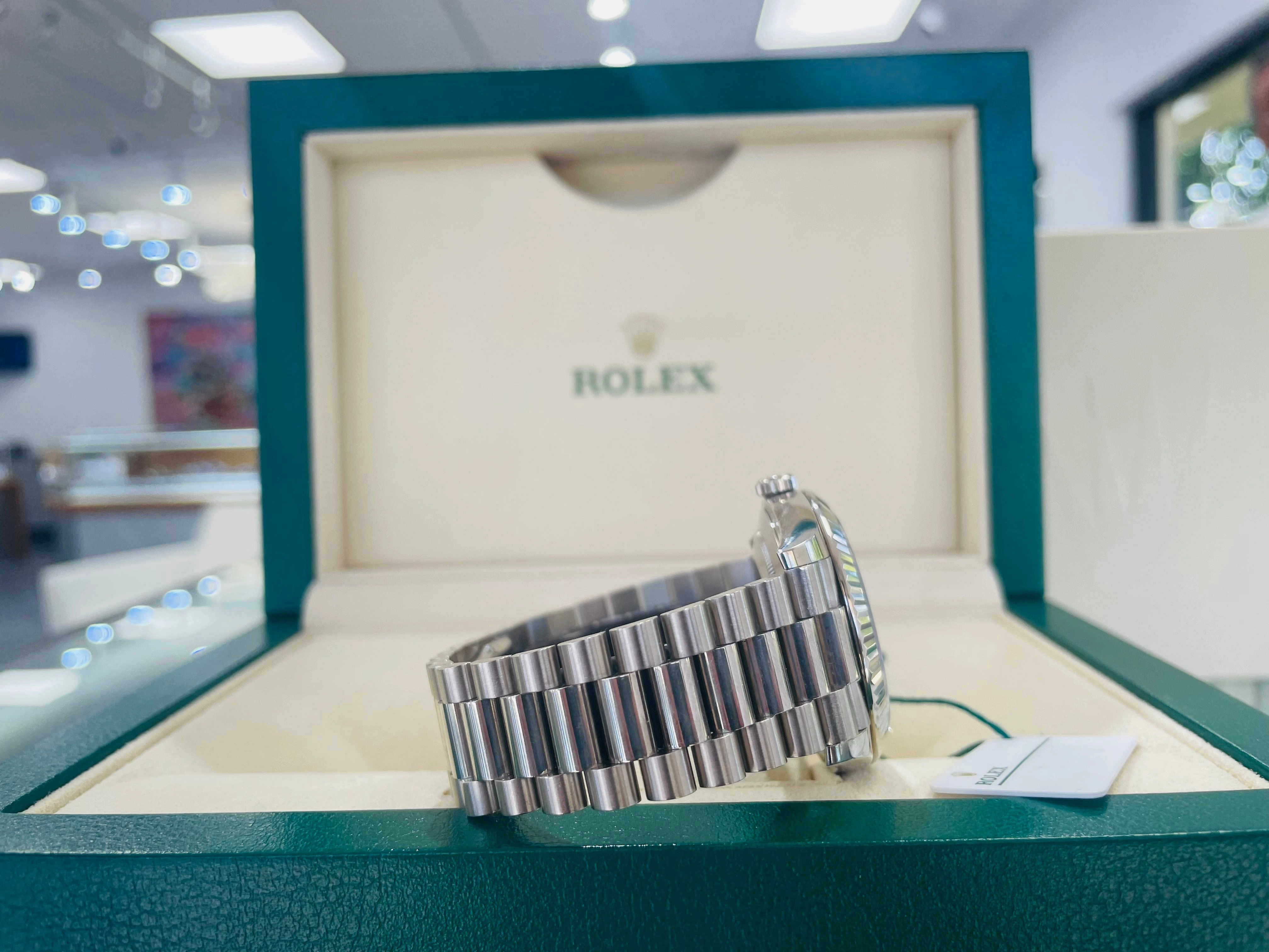 Rolex White Gold Day-Date 228239 40 Factory Black Diamond baguettes Dial B/P PreOwned