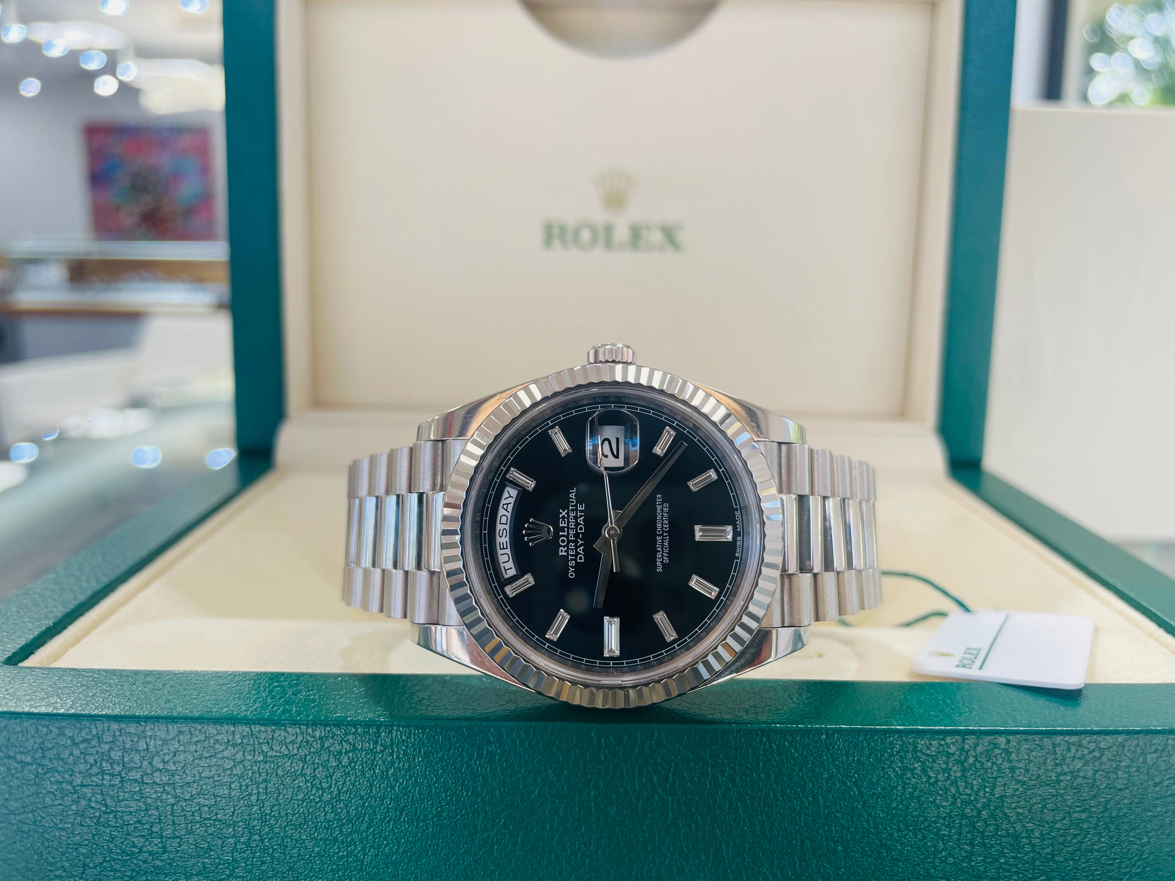 Rolex White Gold Day-Date 228239 40 Factory Black Diamond baguettes Dial B/P PreOwned