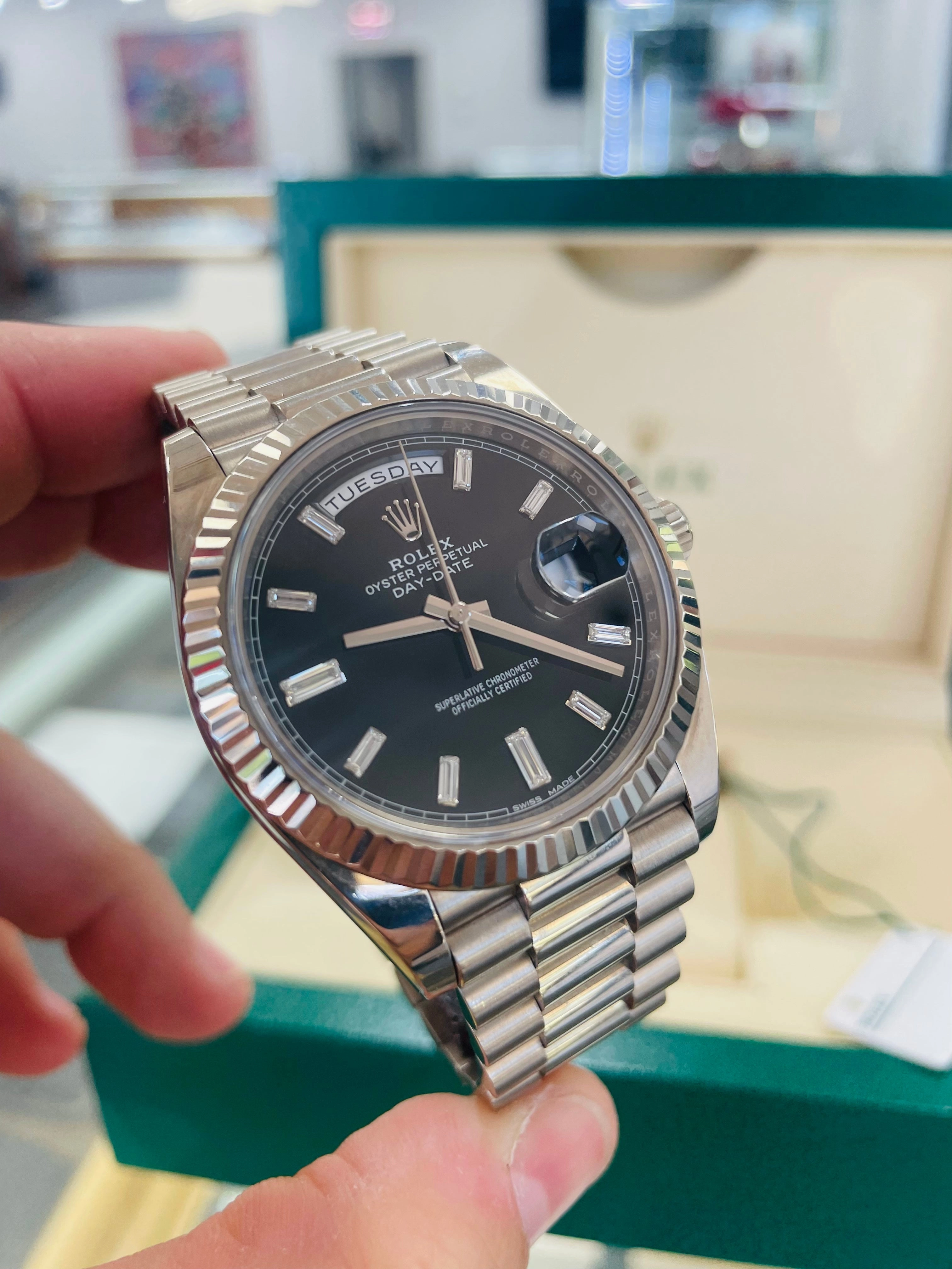 Rolex White Gold Day-Date 228239 40 Factory Black Diamond baguettes Dial B/P PreOwned