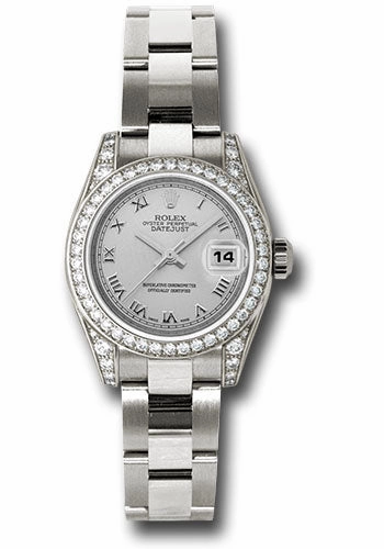 Rolex White Gold Lady-Datejust 26 Watch - 42 Diamond Bezel - Silver Roman Dial - Oyster Bracelet - 179159 sro