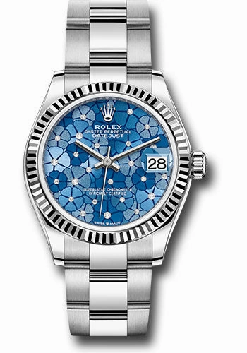Rolex White Rolesor Datejust 31 Watch - Fluted Bezel - Azzurro Blue Floral Motif Diamond Dial - Oyster Bracelet 278274 azflomdo