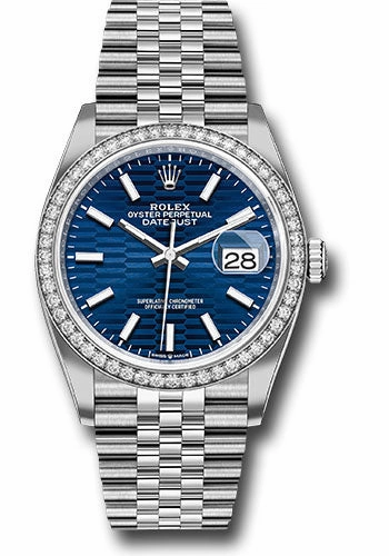 Rolex White Rolesor Datejust 36 Watch - Diamond Bezel - Bright Blue Fluted Motif Index Dial - Jubilee Bracelet - 126284rbr blflmij