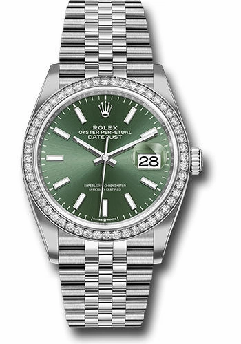 Rolex White Rolesor Datejust 36 Watch - Diamond Bezel - Mint Green Index Dial - Jubilee Bracelet - 126284rbr mgij