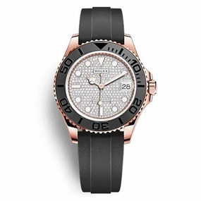 Rolex Yachtmaster 37mm - Ref: 268655-0013 - Pave Diamond Dial & 18K Rose Gold Case, Black Oysterflex Bracelet Watch
