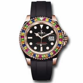 Rolex Yachtmaster 40mm - Ref: 116695 - Black Dial, Gemstone Rainbow Bezel & 18K Rose Gold Case, Black Oysterflex Bracelet Men's Watch