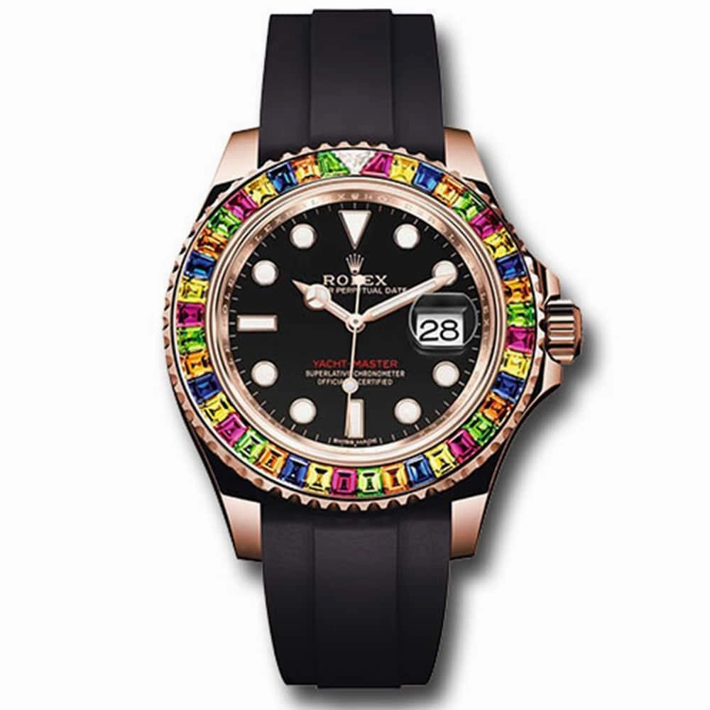 Rolex Yachtmaster 40mm - Ref: 116695 - Black Dial, Gemstone Rainbow Bezel & 18K Rose Gold Case, Black Oysterflex Bracelet Men's Watch