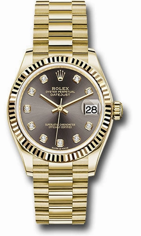 Rolex Yellow Gold Datejust 31 Watch - Fluted Bezel - Dark Grey Diamond Dial - President Bracelet 278278 dkgdp