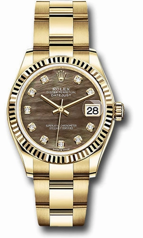 Rolex Yellow Gold Datejust 31 Watch - Fluted Bezel - Dark Mother-of-Pearl Diamond Dial - Oyster Bracelet 278278 dkmdo