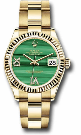 Rolex Yellow Gold Datejust 31 Watch - Fluted Bezel - Malachite Diamond Six and Nine Dial - Oyster Bracelet 278278 madr69o