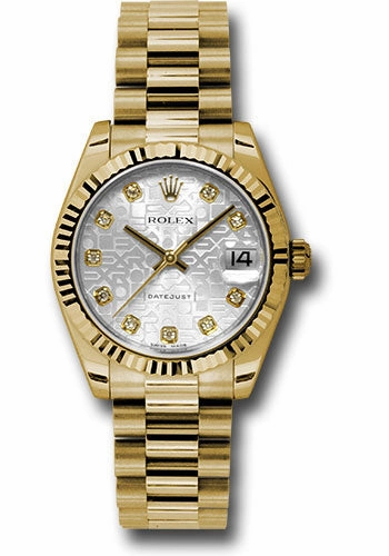 Rolex Yellow Gold Datejust 31 Watch - Fluted Bezel - Silver Jubilee Diamond Dial - President Bracelet 178278 sjdp