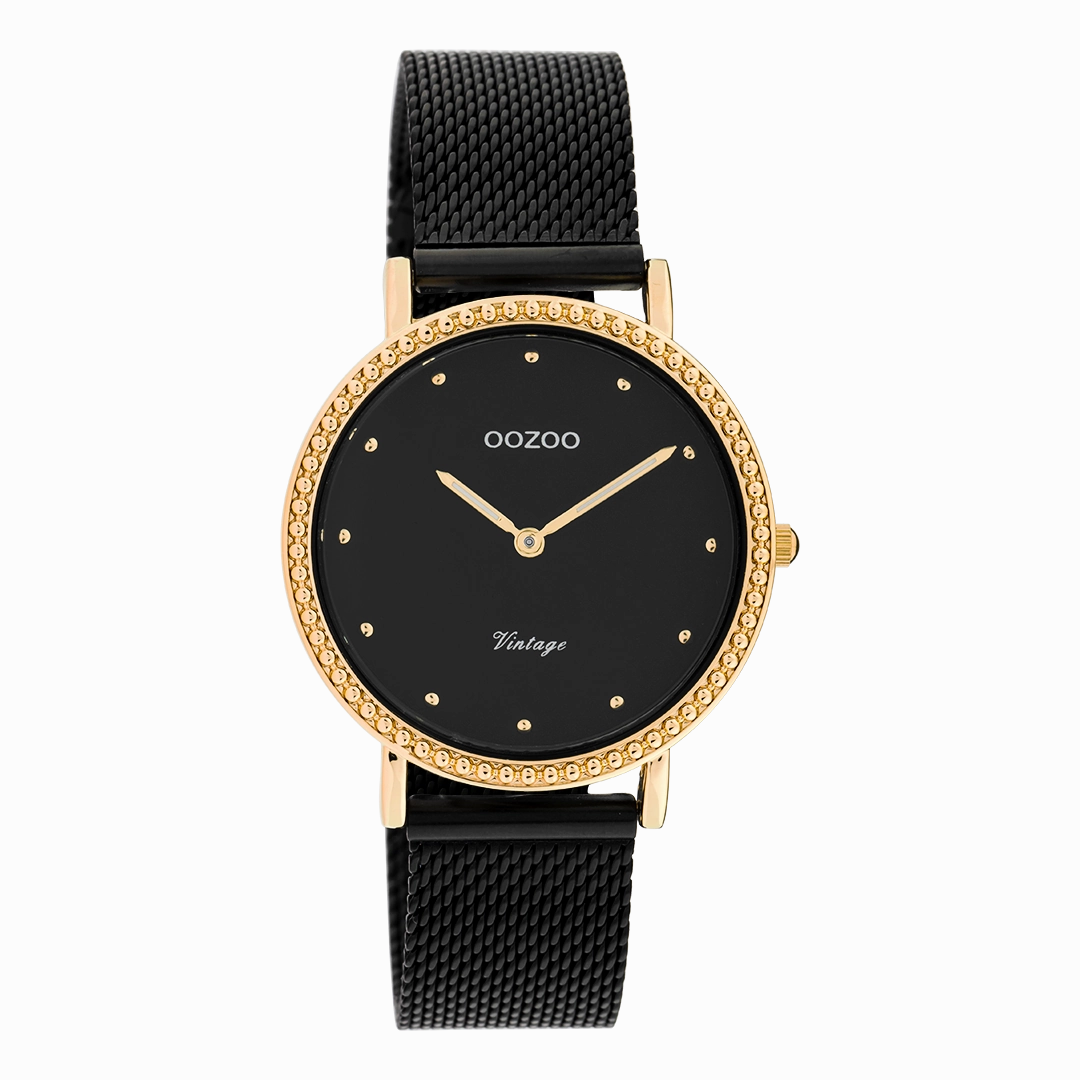 Rose gold coloured OOZOO watch with black metal mesh bracelet - C20059