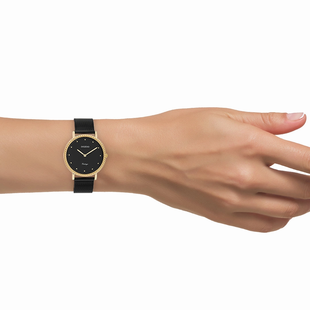 Rose gold coloured OOZOO watch with black metal mesh bracelet - C20059