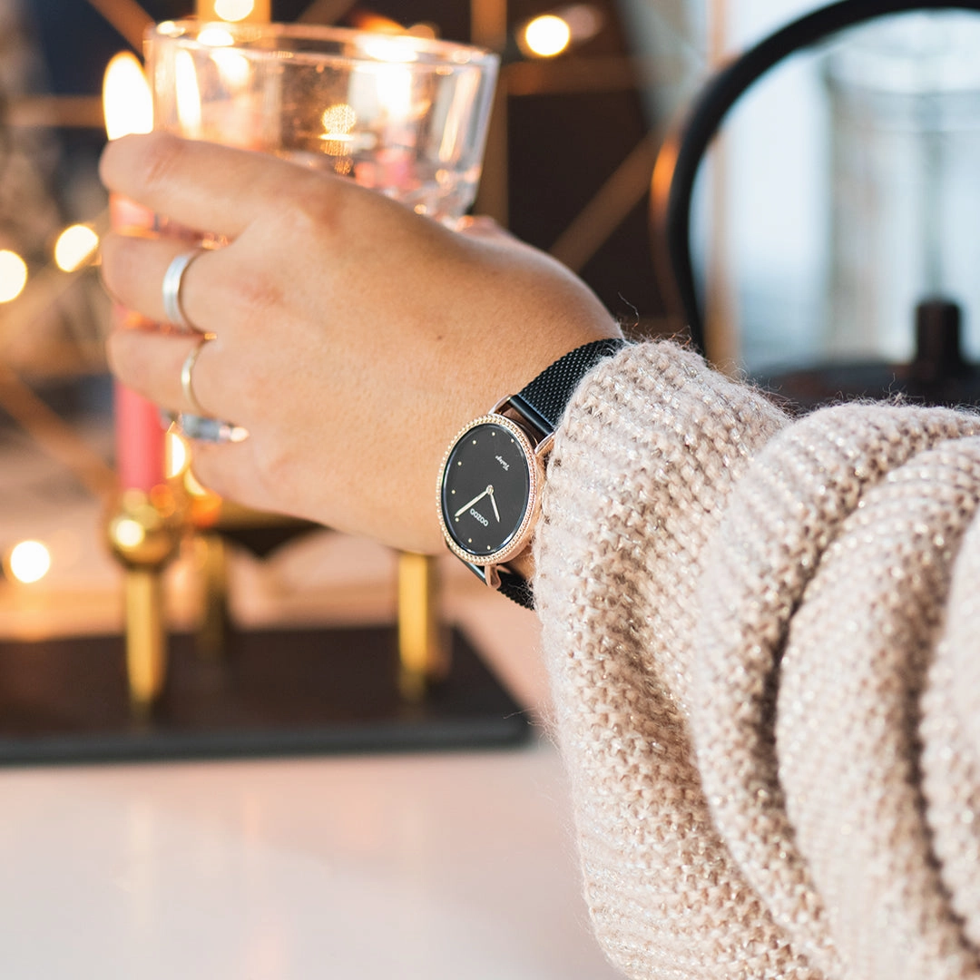 Rose gold coloured OOZOO watch with black metal mesh bracelet - C20059