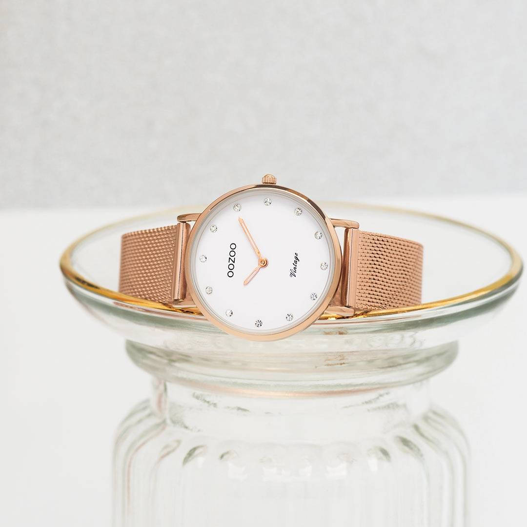 Rose gold coloured OOZOO watch with metal mesh bracelet - C20243
