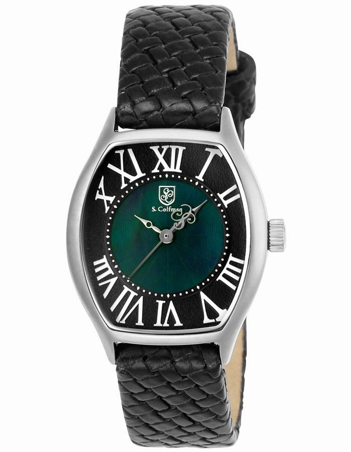 S.Coifman Womens Tonneau Watch - Stainless - Black Mother of Pearl - Woven Strap