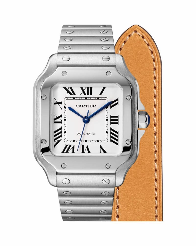 SANTOS DE CARTIER, MEDIUM, AUTOMATIC, STEEL, INTERCHANGEABLE STEEL AND LEATHER BRACELETS