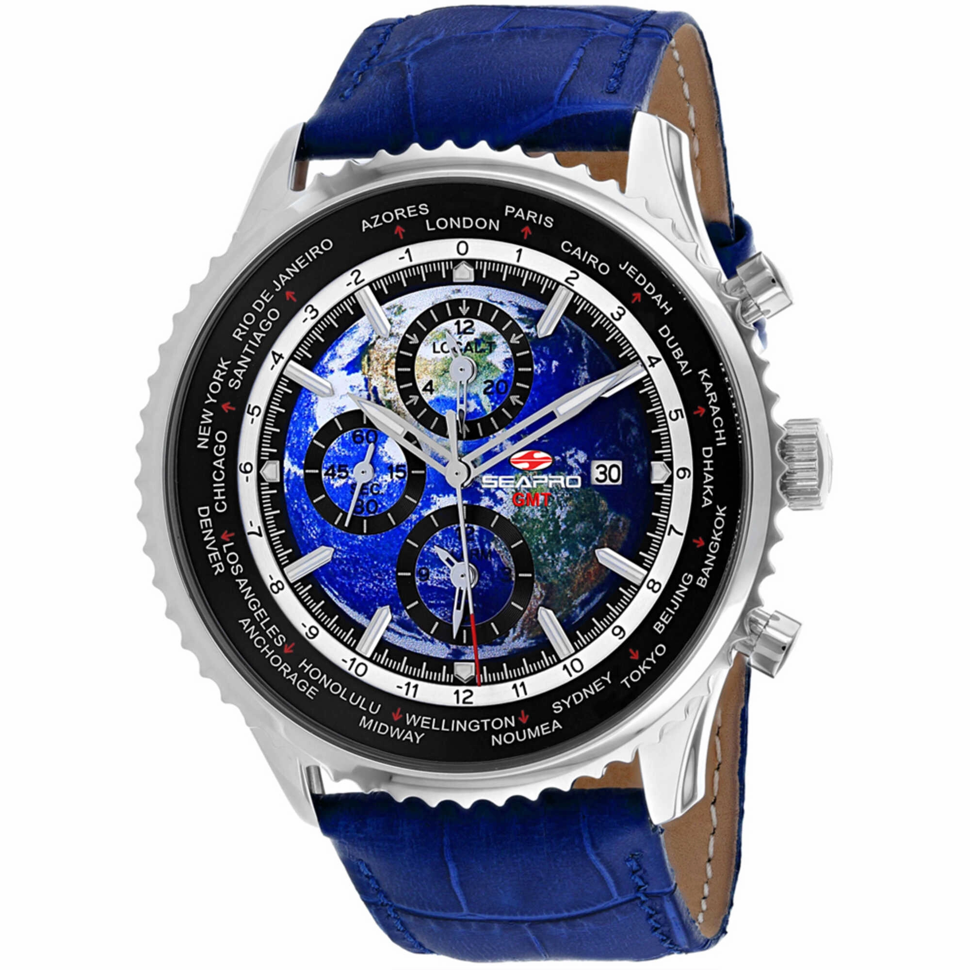 Seapro Men's Watch - Meridian World Timer GMT Blue Dial Leather Strap | SP7132