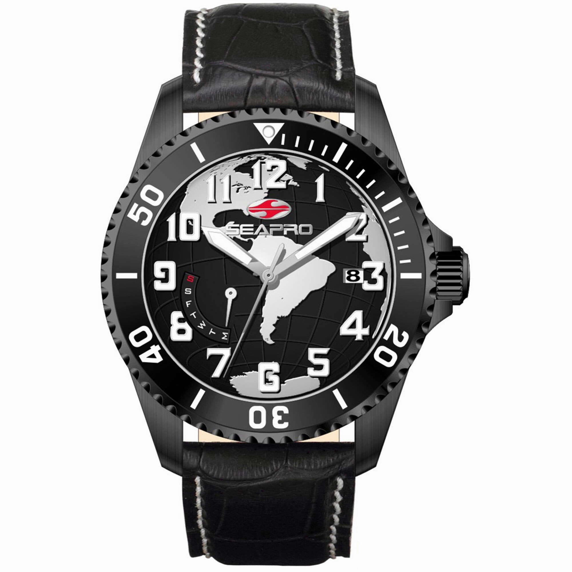 Seapro Men's Watch - Voyager Quartz Black Dial Leather Strap | SP2743