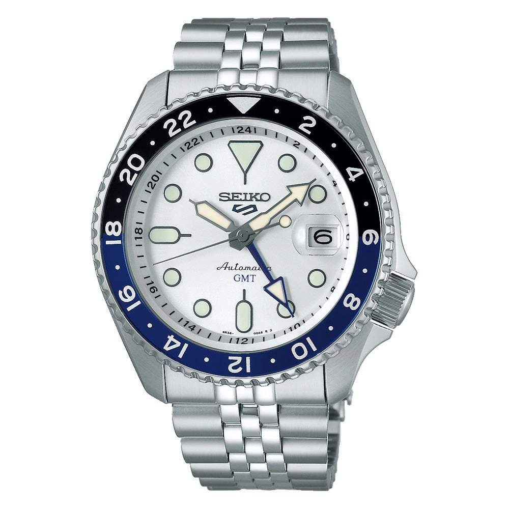 Seiko 5 Sports SKX GMT Automatic Mens Watch Sky Blue, Silver Cloud SSK033K1