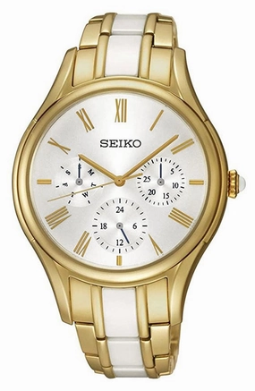 Seiko Gold PVD Steel & White Ceramic Silver Dial Quartz Womens Watch SKY718P1