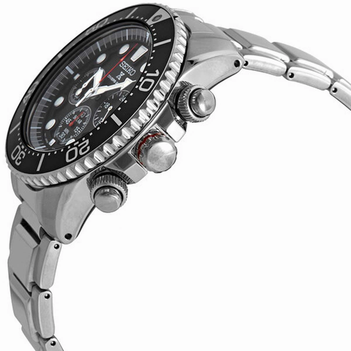 Seiko Men's Chronograph Watch - Prospex Solar Black Dial Silver Bracelet | SSC779P1