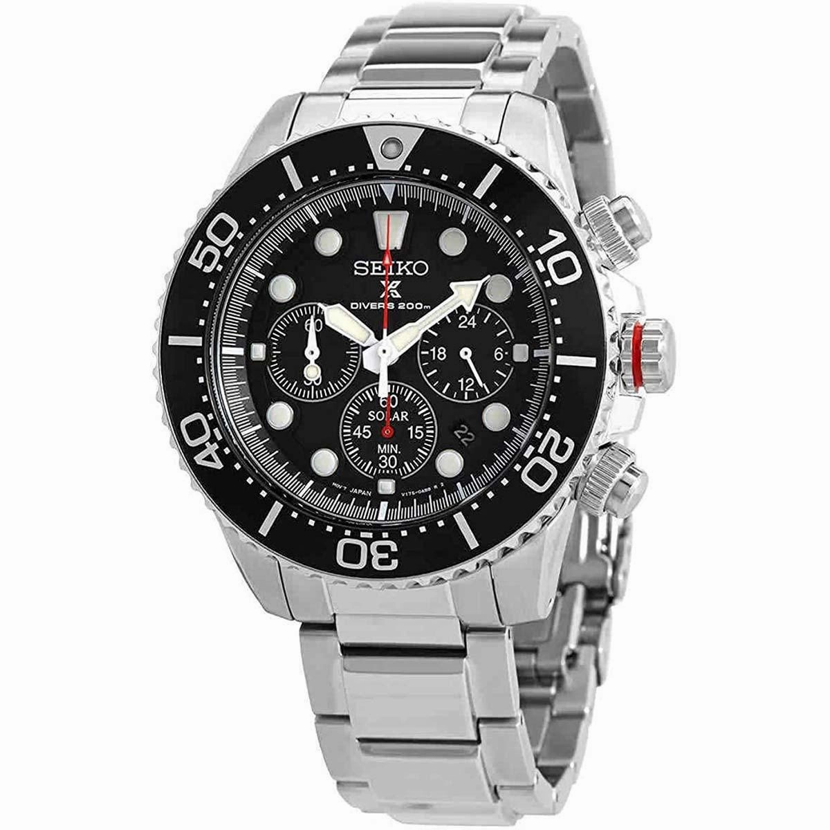Seiko Men's Chronograph Watch - Prospex Solar Black Dial Silver Bracelet | SSC779P1