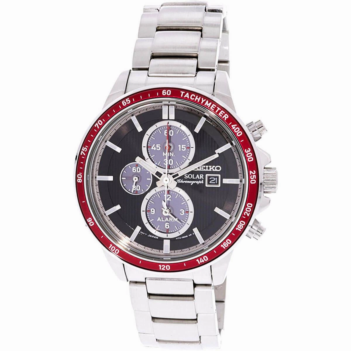 Seiko Men's Chronograph Watch - Solar Black Dial Stainless Steel Bracelet | SSC433