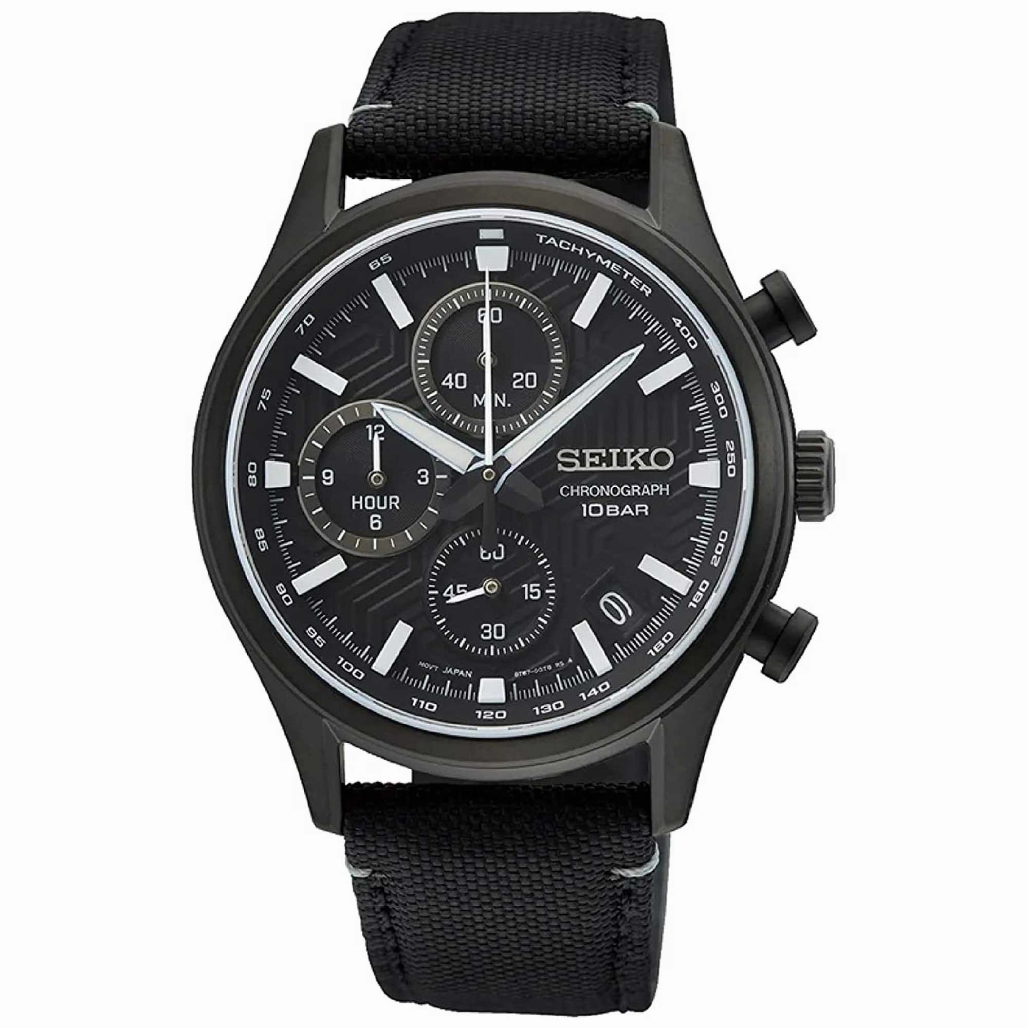 Seiko Men's Quartz Watch - Dress Chronograph Black Dial Nylon Strap Date | SSB421P1