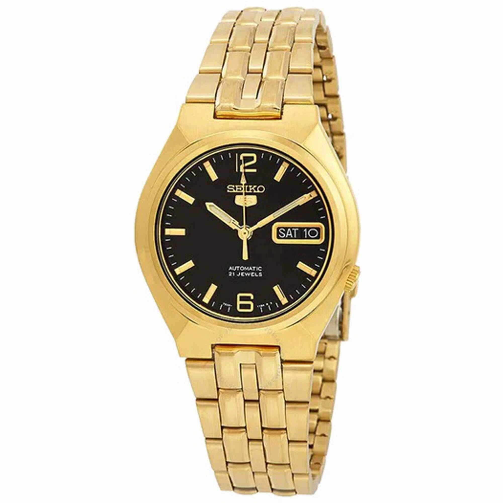 Seiko Men's Watch - 5 Sports Automatic Black Dial Yellow Gold Bracelet | SNKL66K1