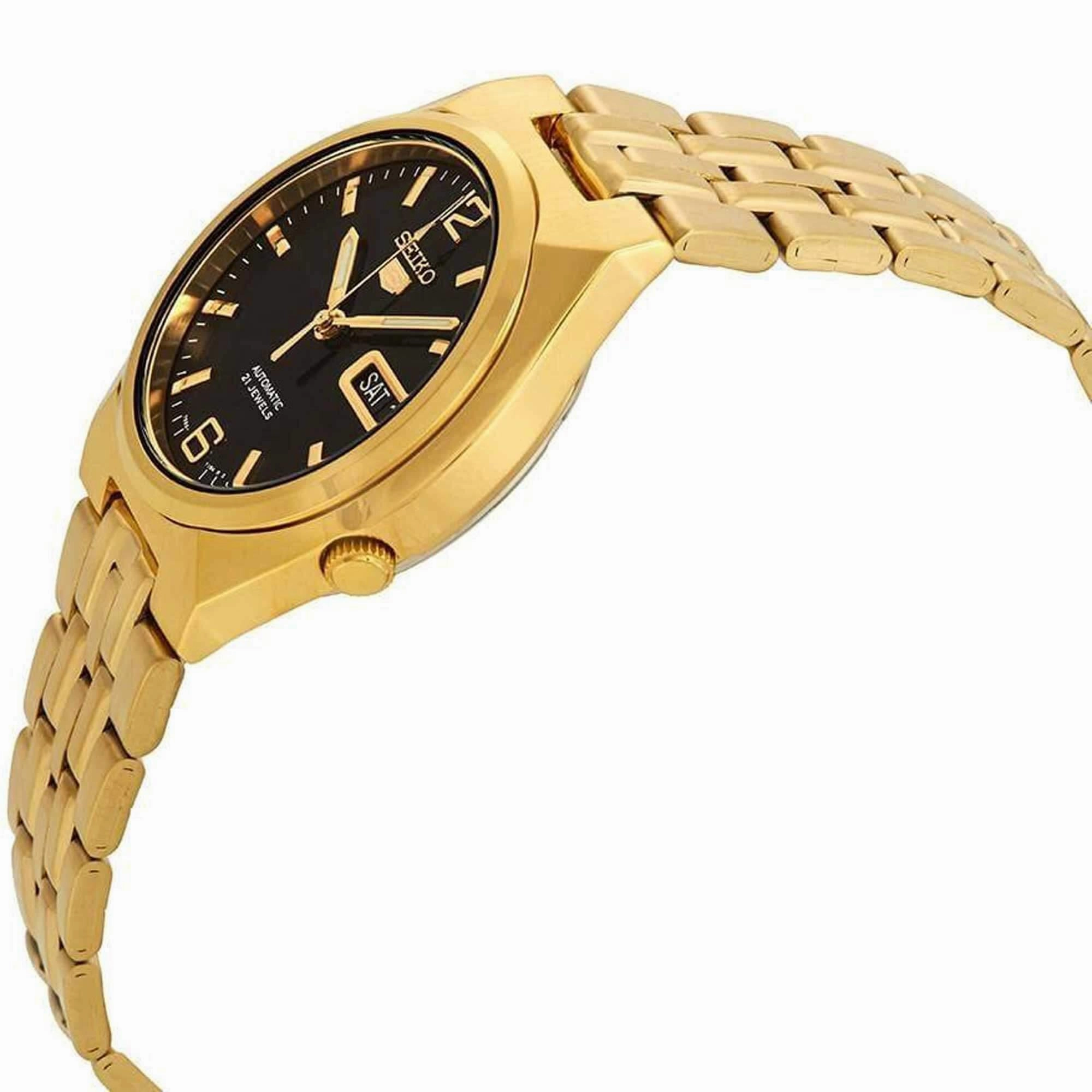 Seiko Men's Watch - 5 Sports Automatic Black Dial Yellow Gold Bracelet | SNKL66K1
