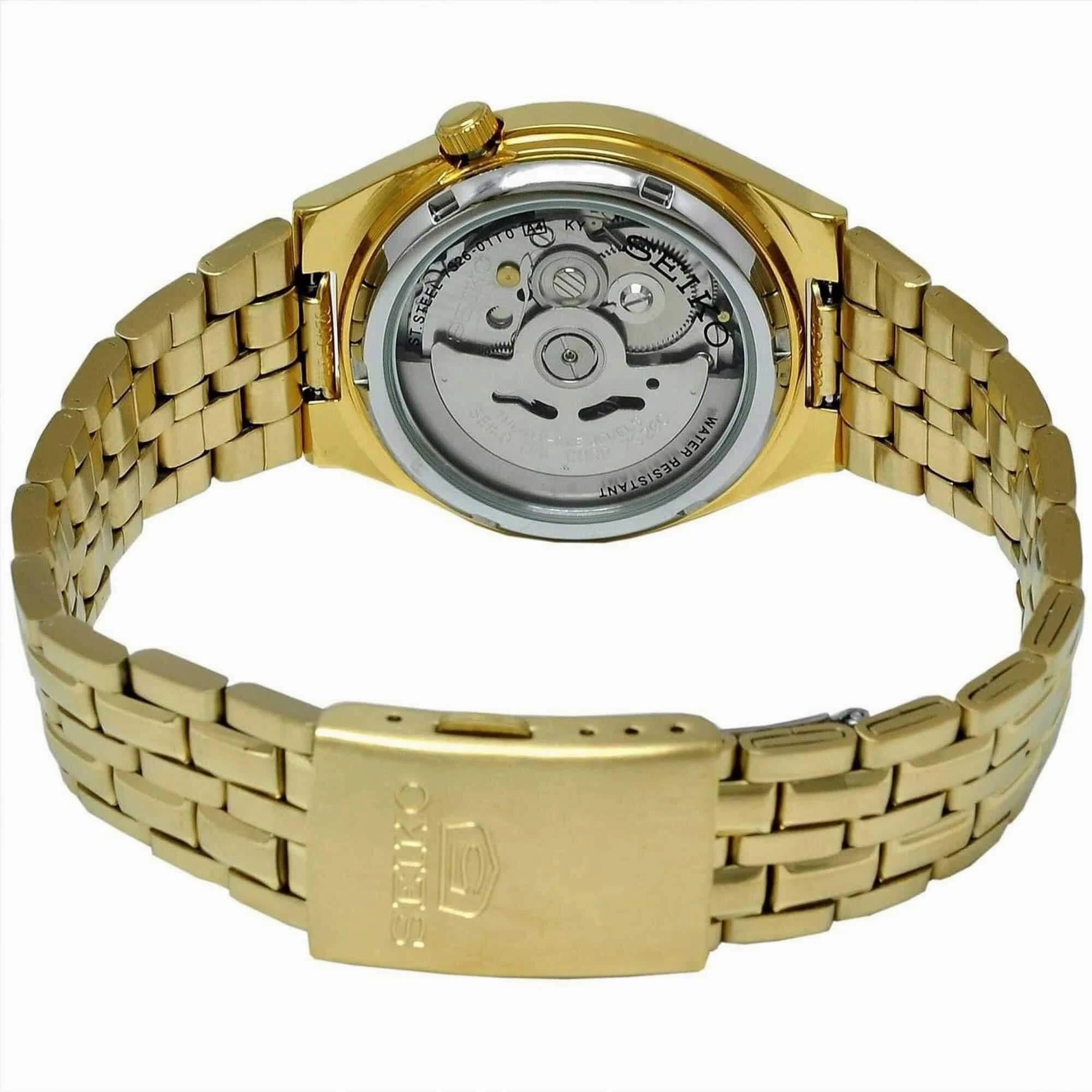 Seiko Men's Watch - 5 Sports Automatic Black Dial Yellow Gold Bracelet | SNKL66K1