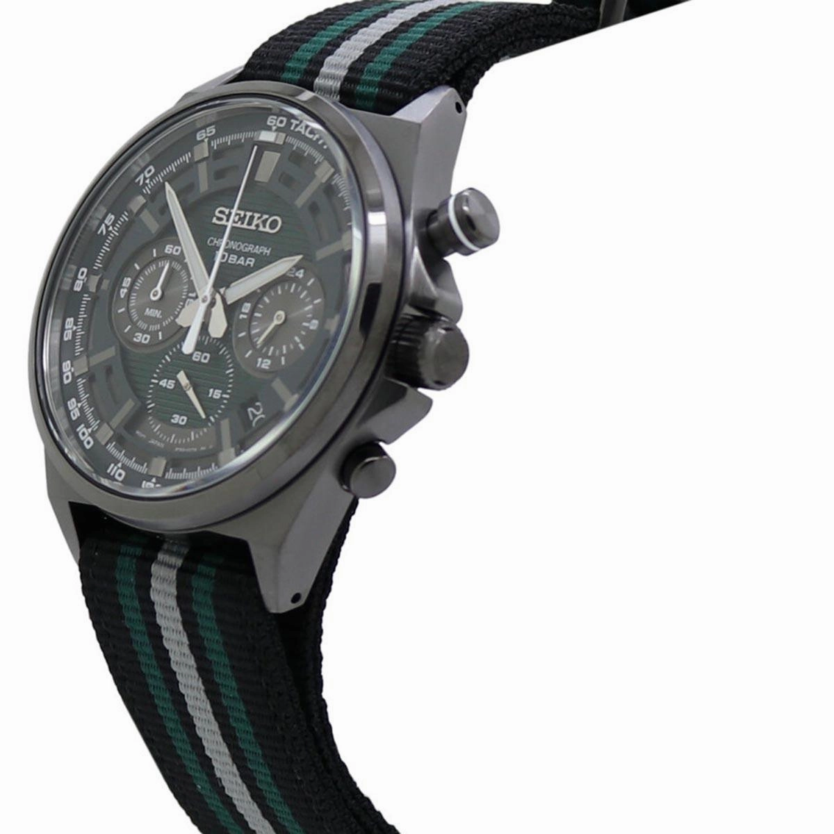 Seiko Men's Watch - Chronograph Green Dial Silver Tone Case Nylon Strap | SSB411P1