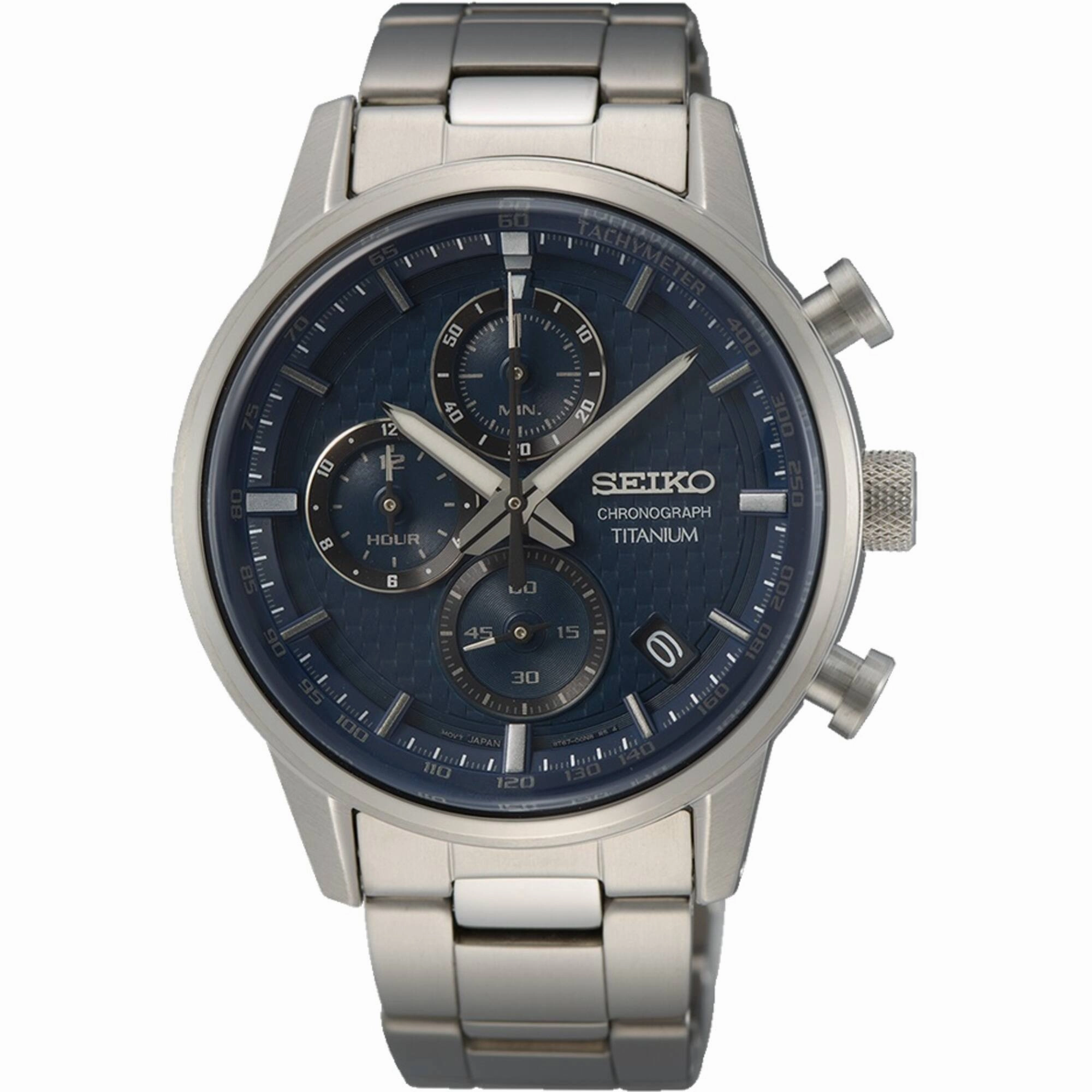 Seiko Men's Watch - Chronograph Quartz Blue Dial Grey Titanium Bracelet | SSB387