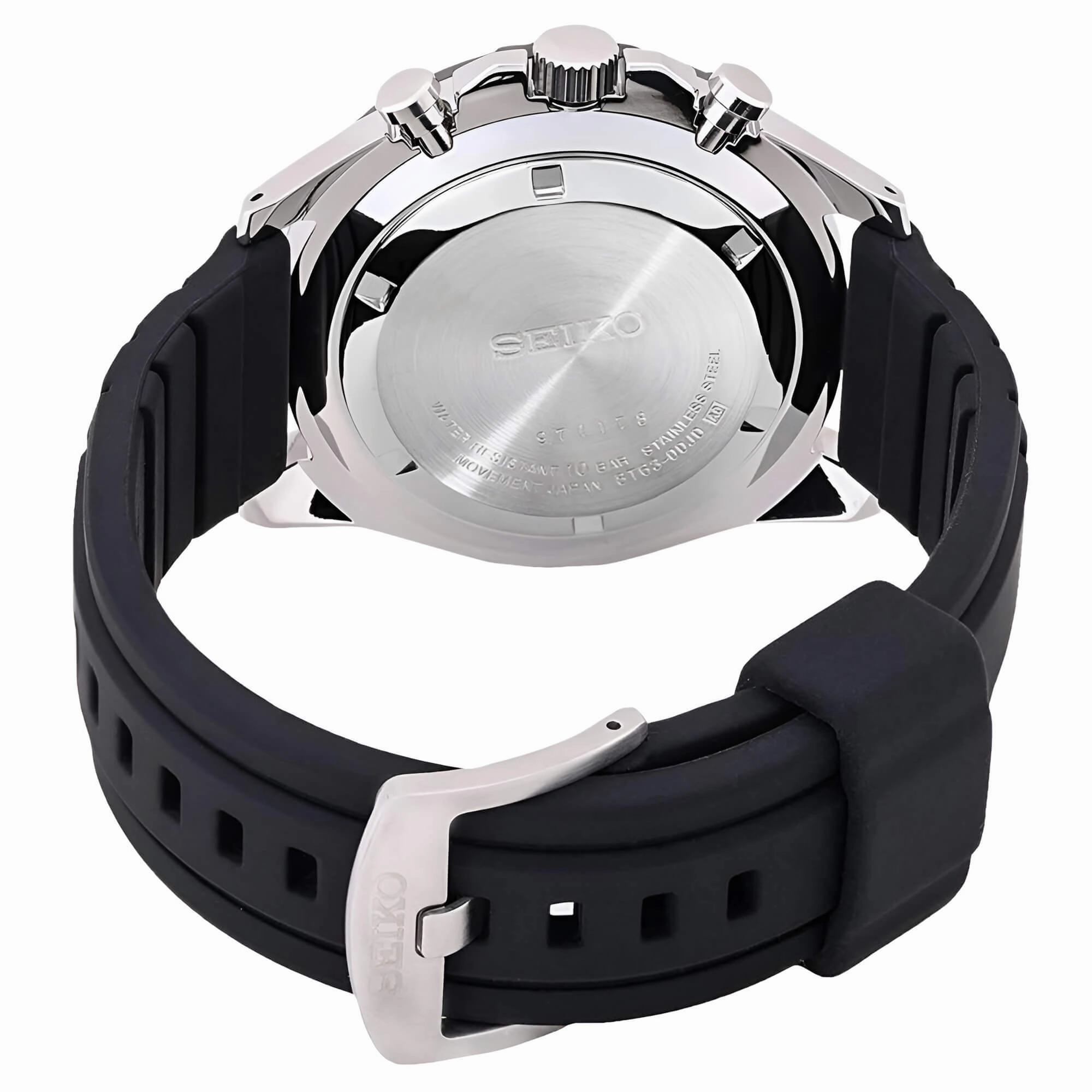 Seiko Men's Watch - Chronograph Silver Tone Case Black Silicone Strap | SSB347P1
